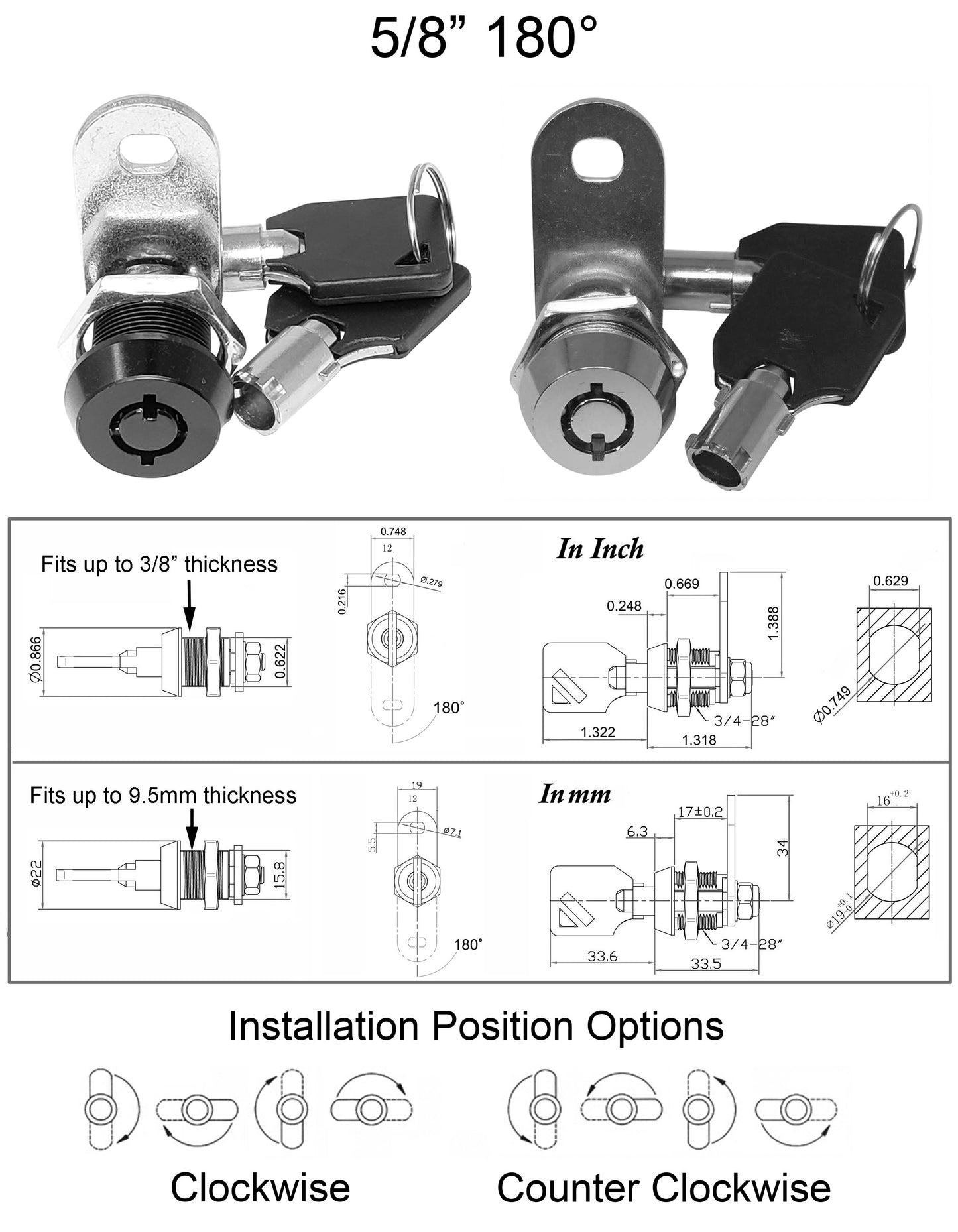 Tubular Cam Locks 5/8" - Non Retaining (Keyed Alike)